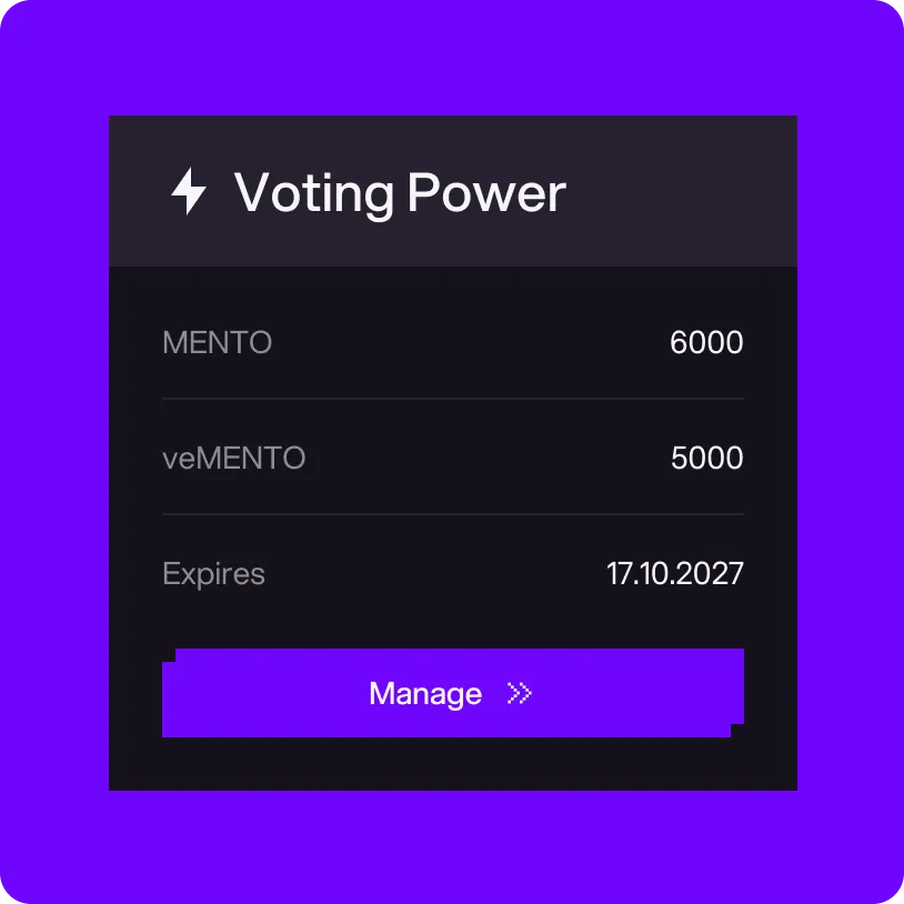 Voting Power panel showing MENTO 6000, veMENTO 5000, expiration date 17.10.2027, and a purple Manage button.