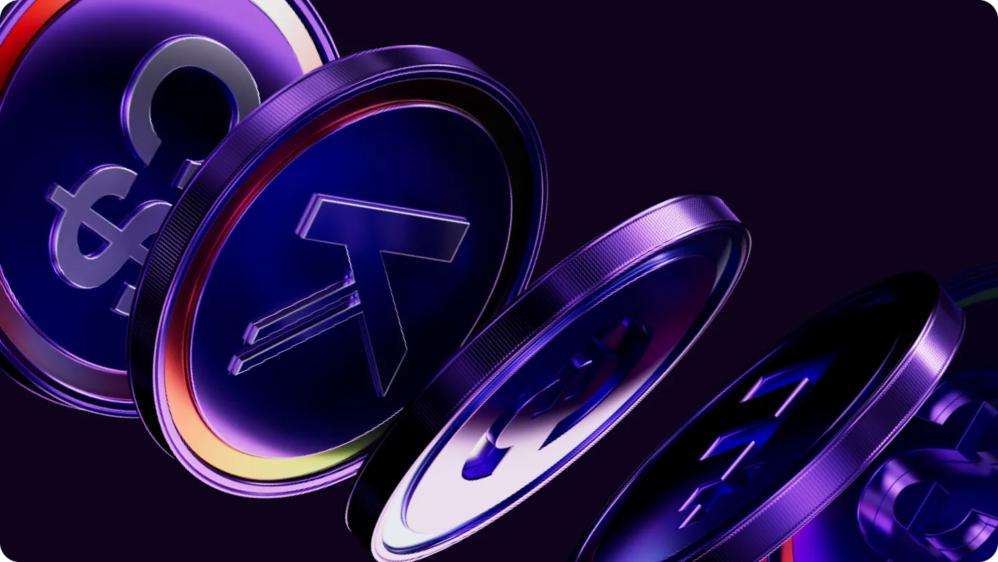 Digital illustration of shiny blue and purple coins featuring various currency symbols including rupee and dollar.