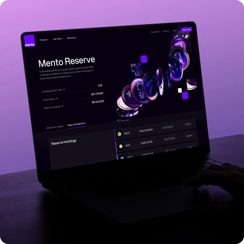 Laptop screen displaying Mento Reserve webpage with crypto token icons and financial data on a purple background.