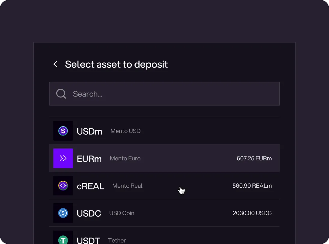 Cryptocurrency wallet screen showing asset selection to deposit with options including USDm Mento USD, EURm Mento Euro with 607.25 EURm highlighted, cREAL Mento Real with 560.90 REALm, USDC USD Coin with 2030.00 USDC, and USDT Tether.