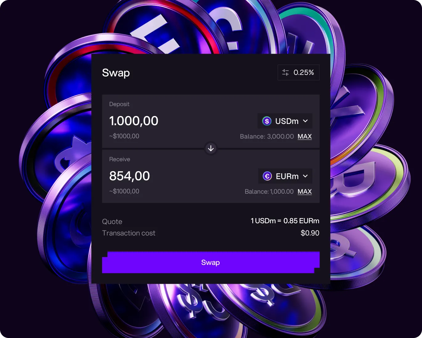 Cryptocurrency swap interface showing 1,000 USDm to receive 854 EURm with a 0.25% fee and $0.90 transaction cost.