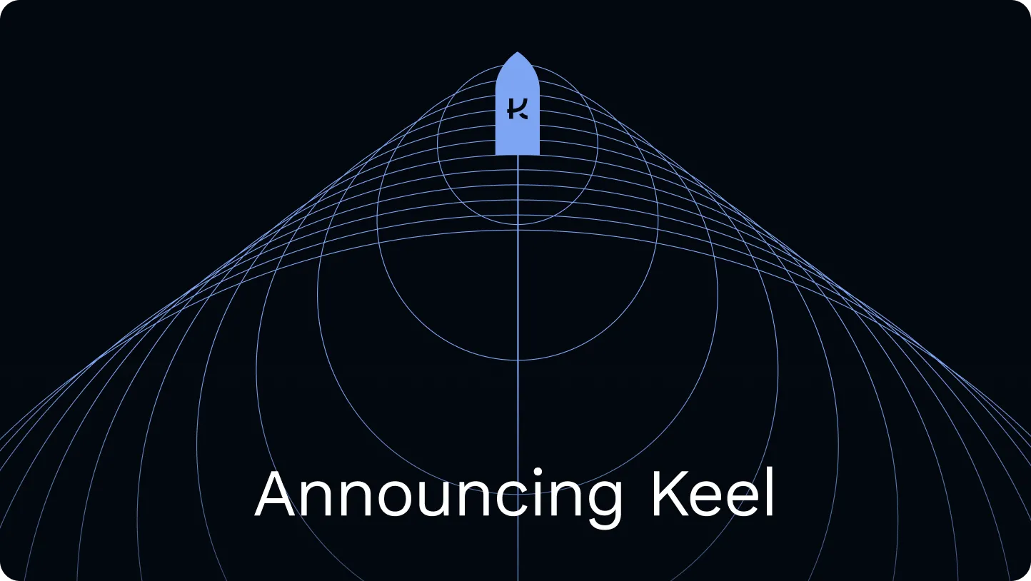Blue boat icon centered above curved grid lines on dark background with text 'Announcing Keel'.