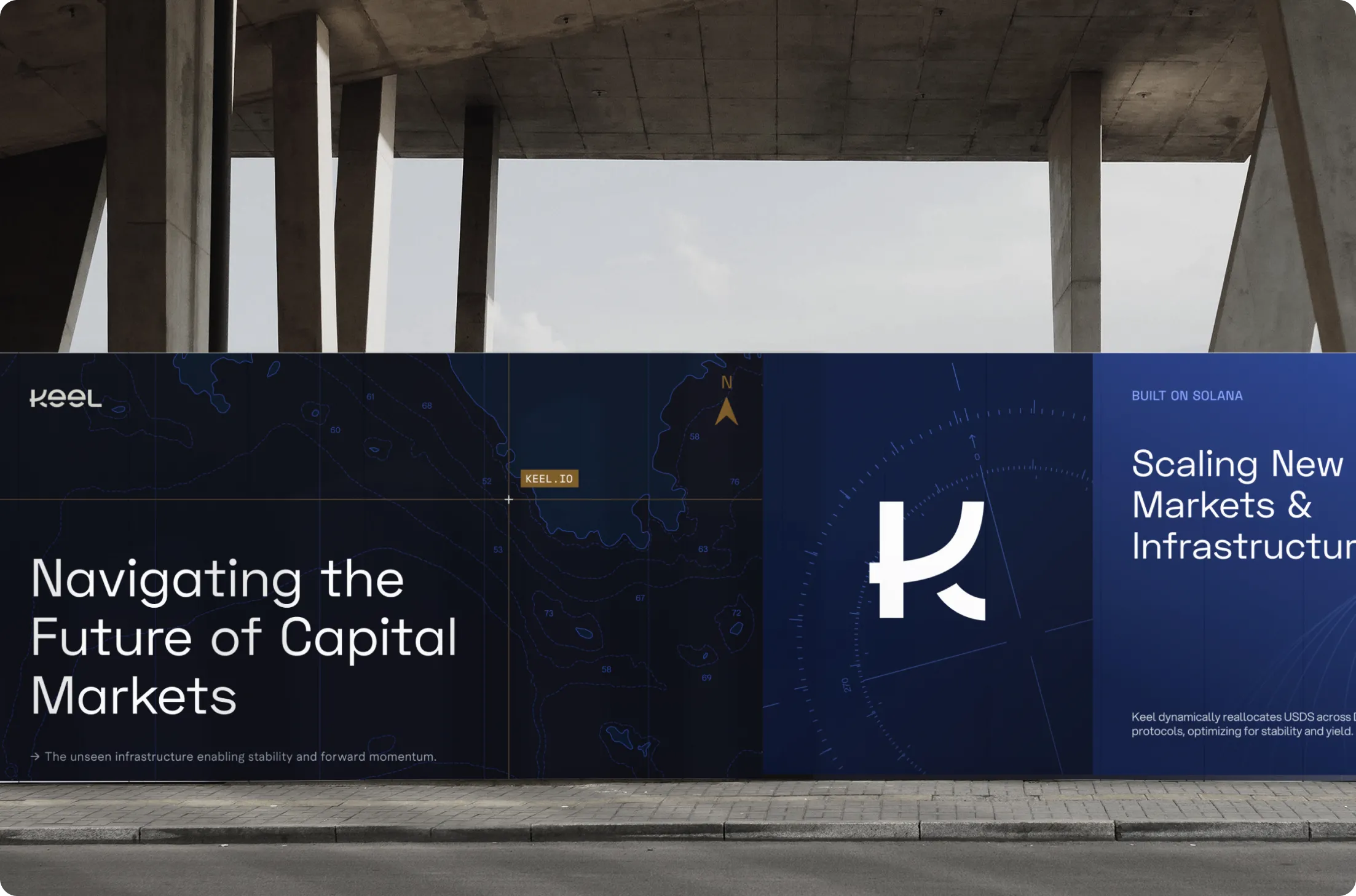 Large outdoor advertisement featuring text about navigating capital markets and scaling new markets and infrastructure, with the Keel logo and Solana mention.