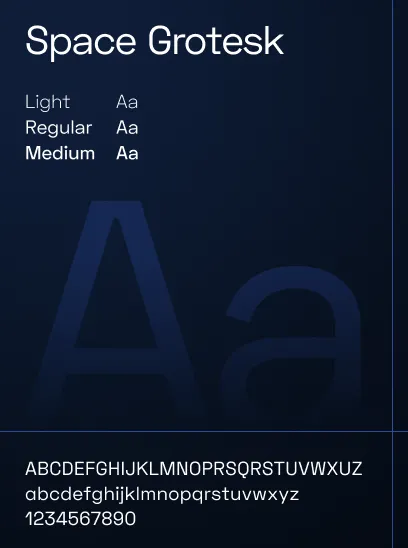 Space Grotesk font styles: Light, Regular, and Medium with uppercase, lowercase letters, and numbers 0 to 9 on a dark blue background.