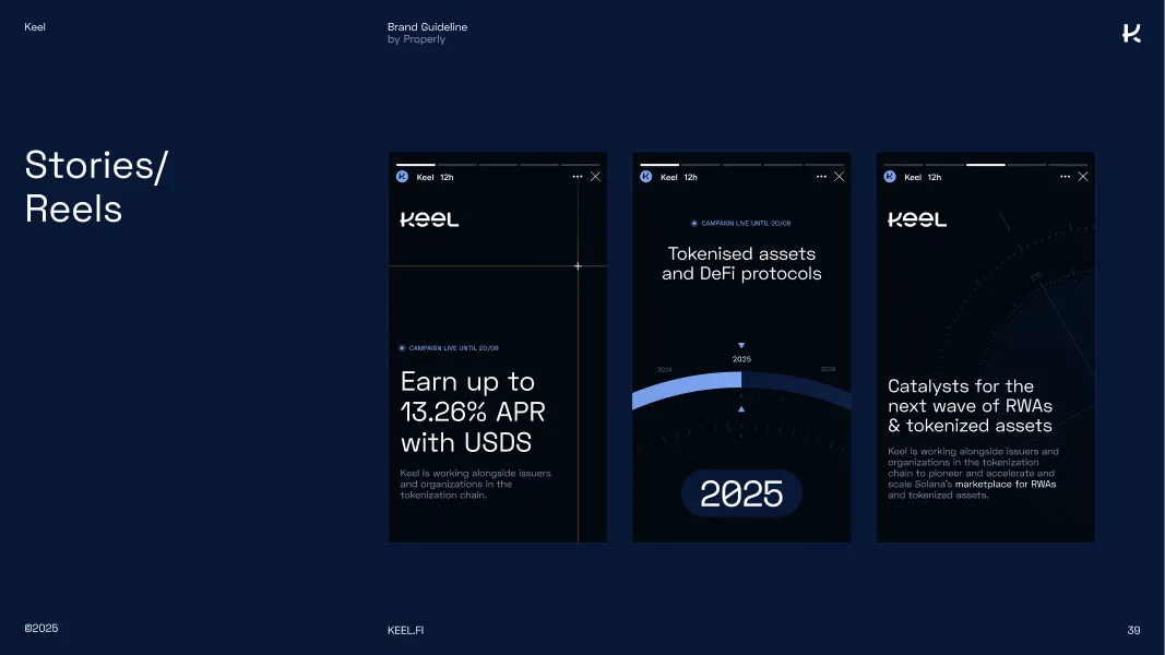 Three mobile screens displaying Keel stories titled Earn up to 13.26% APR with USDS, Tokenised assets and DeFi protocols with a 2025 timeline, and Catalysts for the next wave of RWAs & tokenized assets.