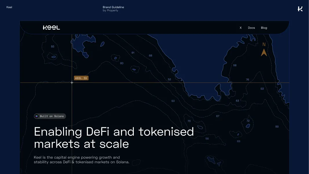 Keel website homepage with ocean contour map background and headline about enabling DeFi and tokenised markets on Solana.