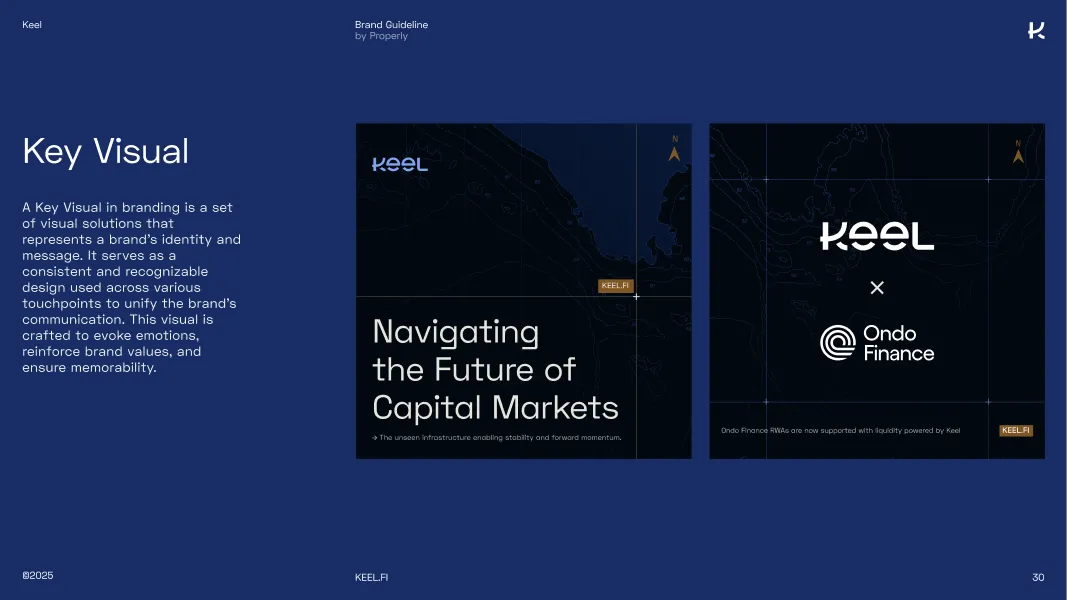 Brand guideline slide titled 'Key Visual' explaining its role in branding with two dark-themed visuals showcasing the Keel logo and finance-related messaging.