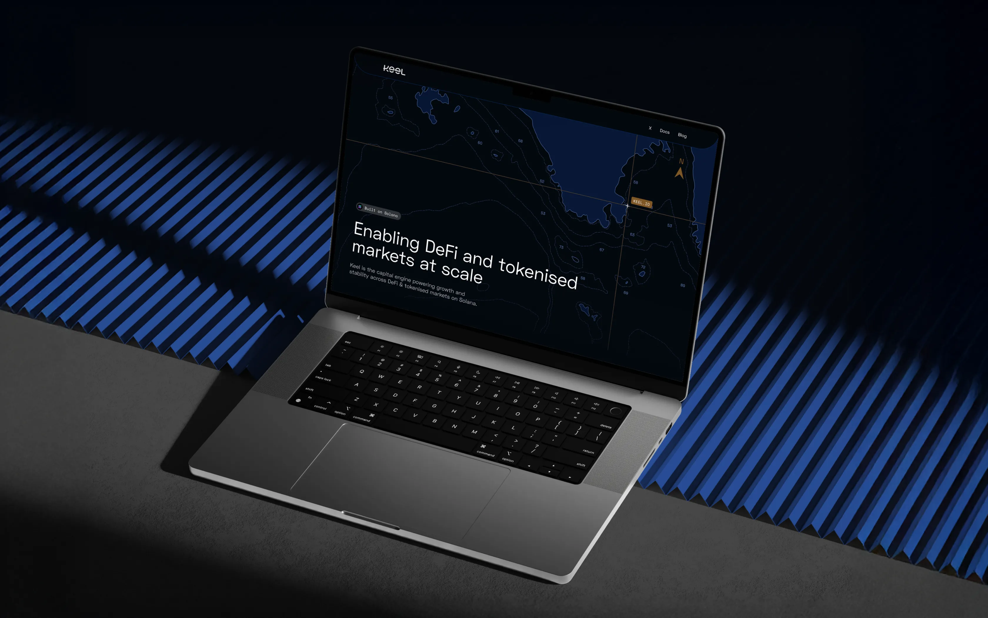 Open laptop displaying a dark-themed webpage with the headline 'Enabling DeFi and tokenised markets at scale' and a map interface.