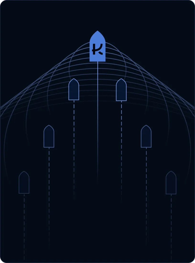 Illustration of a central blue boat with a unique symbol leading ahead of five outlined boats on a dark background with wave-like grid lines.