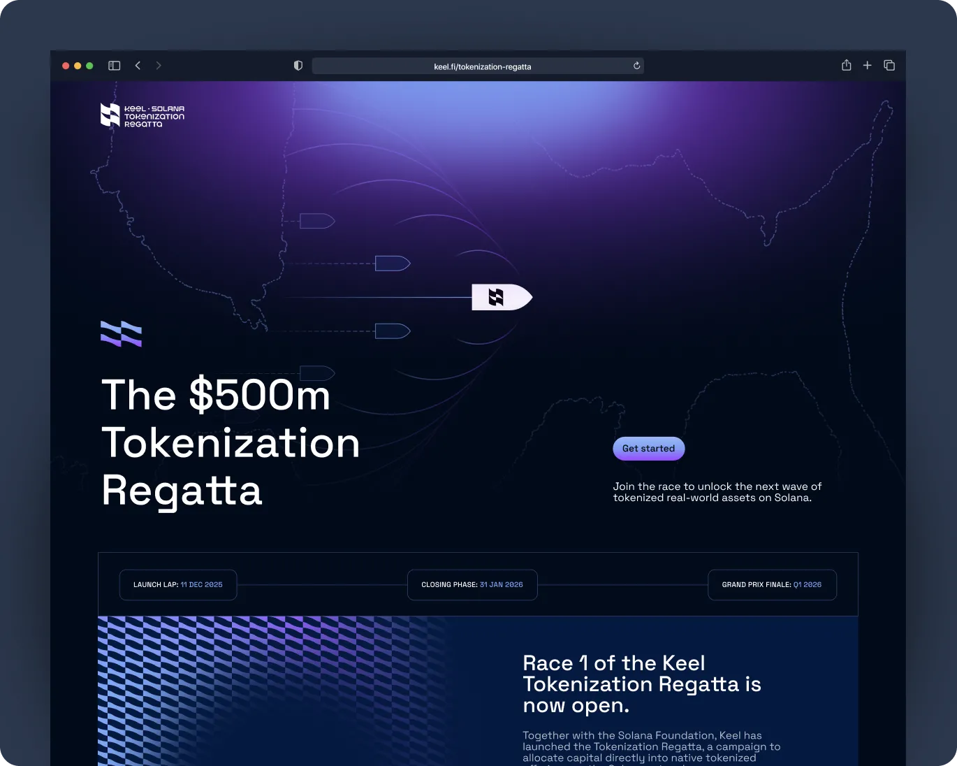 Website homepage featuring the $500m Tokenization Regatta with a stylized boat graphic and call to action to get started on Solana blockchain.