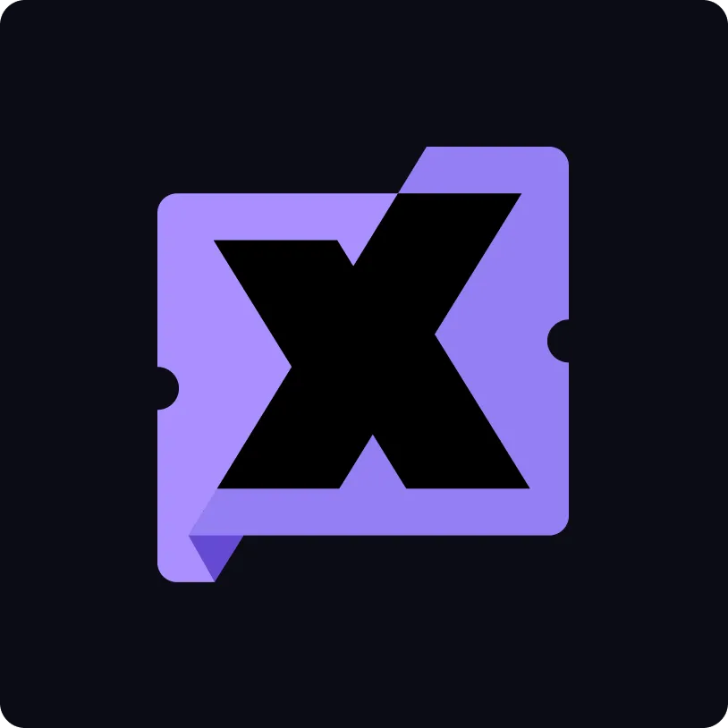 Black letter X on a folded purple ticket-shaped background against a dark backdrop.