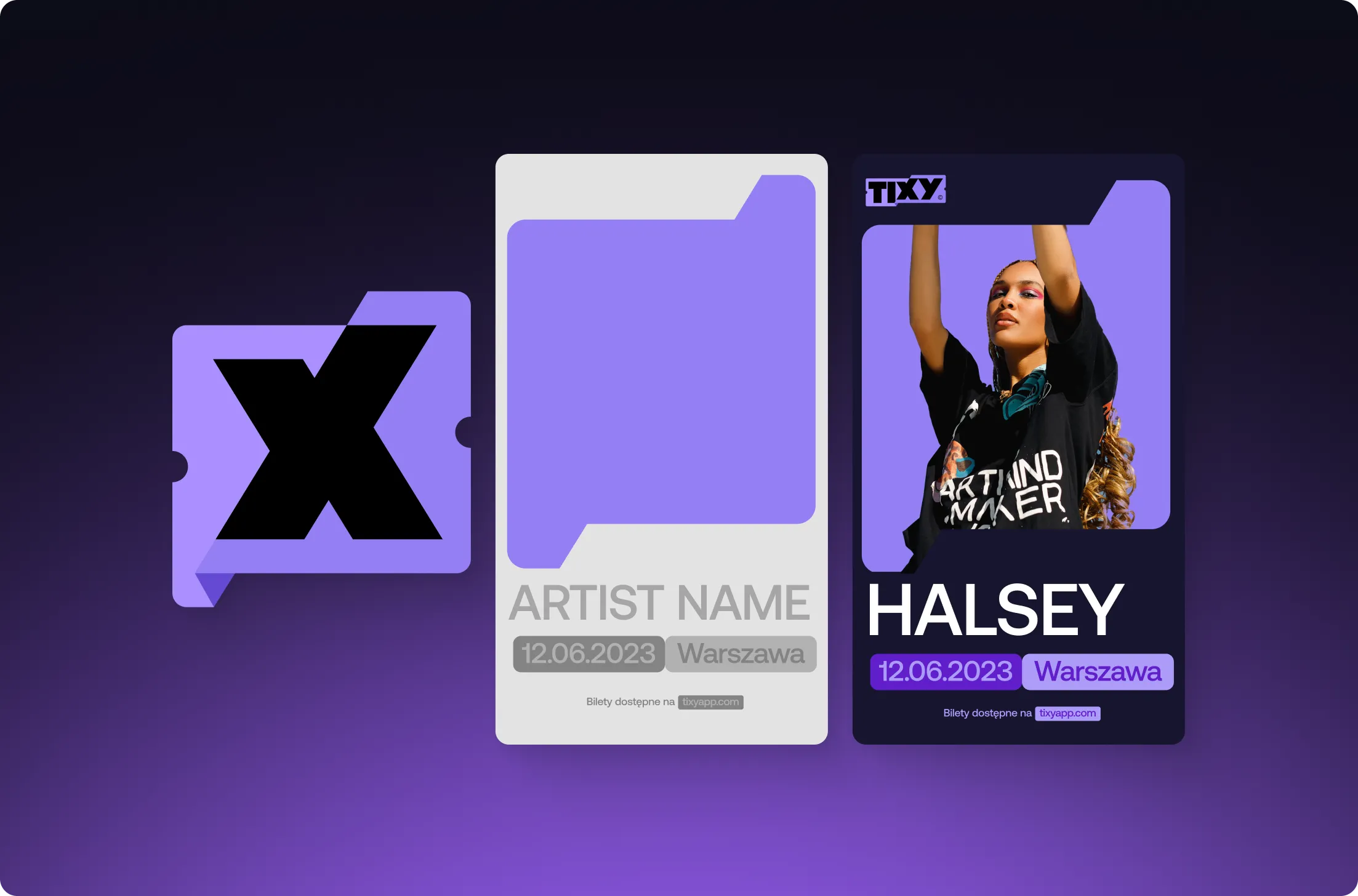 Digital event ticket layout featuring a concert by Halsey in Warszawa on 12.06.2023 with purple and black themed design.