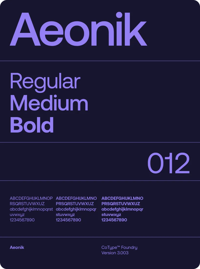 Typography specimen showing 'Aeonik' font in Regular, Medium, and Bold weights with sample uppercase, lowercase letters, and numbers, version 3.003.