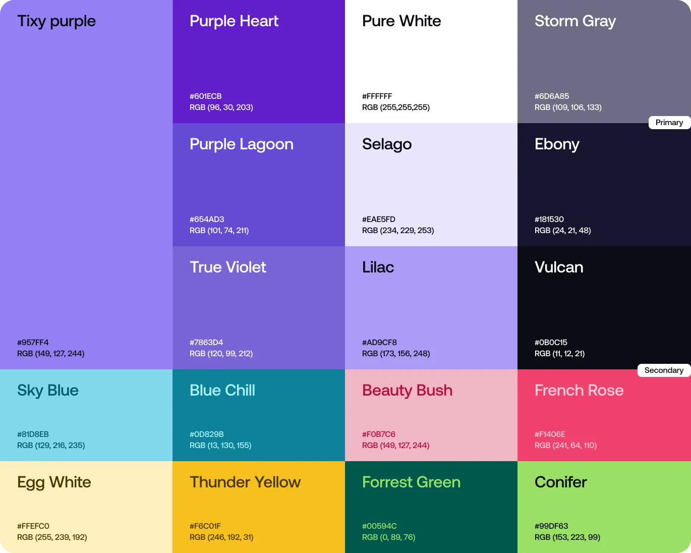 Color palette chart showing 16 colors with names and RGB values, including Purple Heart, Pure White, Storm Gray, Purple Lagoon, Selago, Ebony, True Violet, Lilac, Vulcan, Sky Blue, Blue Chill, Beauty Bush, French Rose, Egg White, Thunder Yellow, Forrest Green, and Conifer.