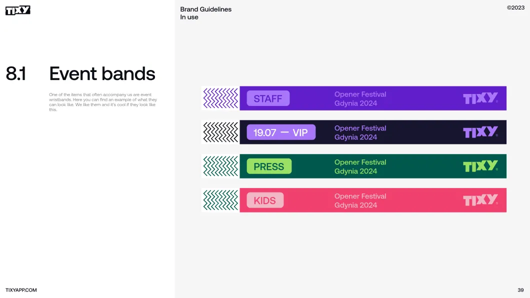 Four colorful event wristbands labeled STAFF, 19.07 VIP, PRESS, and KIDS for Opener Festival Gdynia 2024, each with a unique color and pattern.