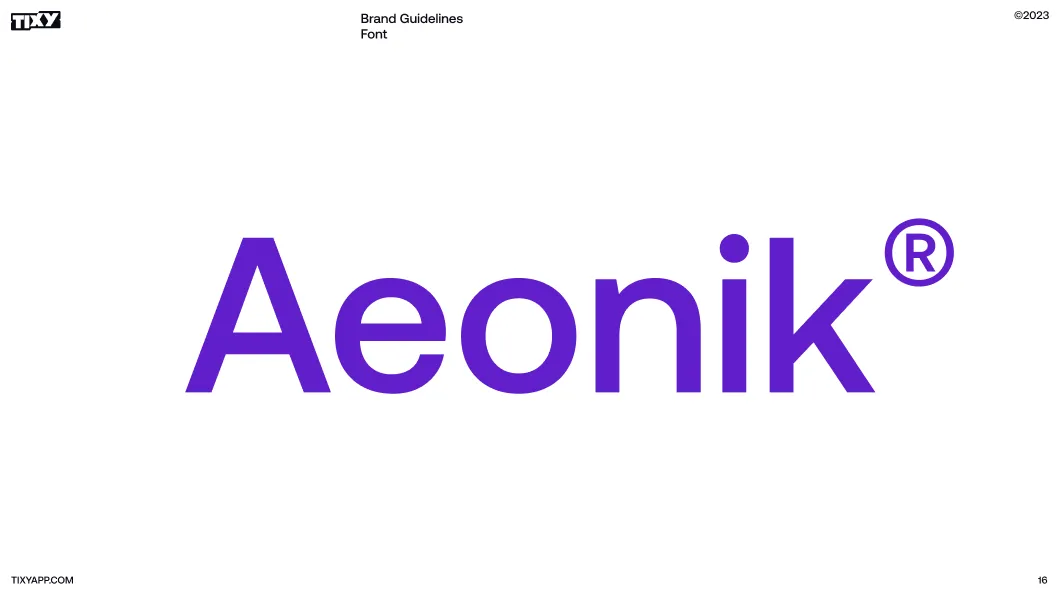 The word 'Aeonik' in bold purple font with a registered trademark symbol, shown as part of brand guidelines for font usage.