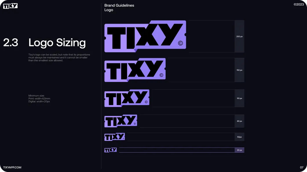TIXY brand guidelines showing logo sizing from 200px to 30px with a note on maintaining proportions and minimum sizes for print and digital use.