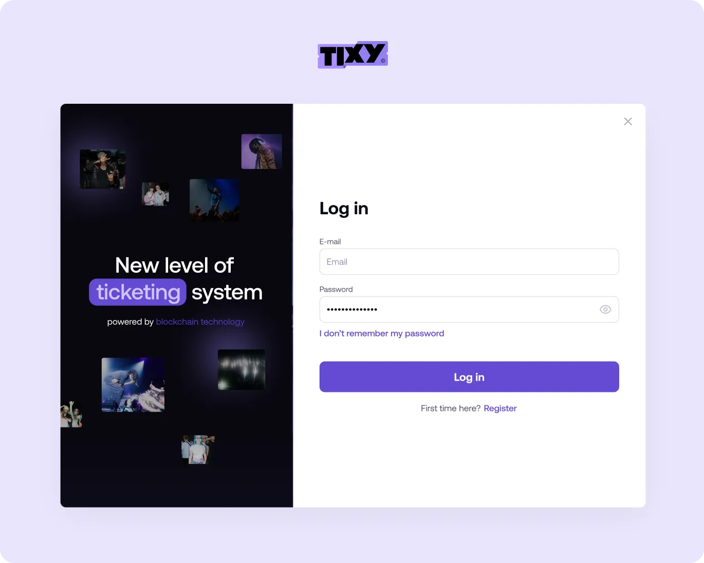 Login page for TIXY ticketing system with fields for email and password, and options to recover password or register.