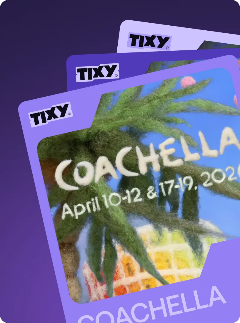 TIXY cards featuring a felted art image of a palm tree and Coachella event dates April 10-12 & 17-19, 2020.