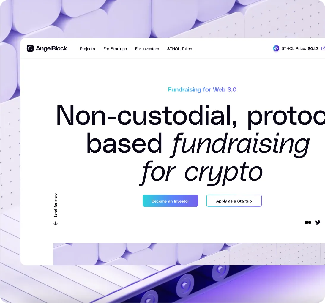 AngelBlock website homepage with tagline 'Non-custodial, protocol based fundraising for crypto' and buttons to become an investor or apply as a startup.