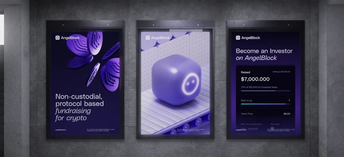 Three framed AngelBlock promotional posters on a concrete wall, featuring crypto fundraising and investment information with purple and dark backgrounds.