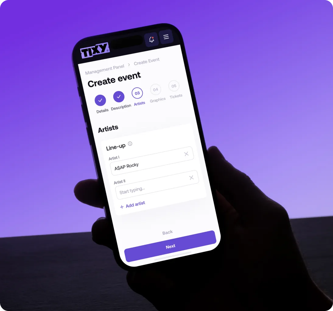 Smartphone screen showing Tixy app's Create Event page, selecting Artists with A$AP Rocky listed and option to add more artists.