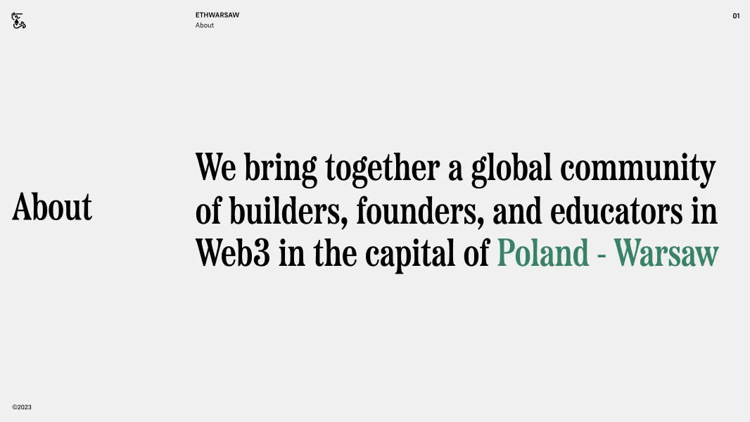 Text stating a global community of builders, founders, and educators in Web3 united in Warsaw, Poland.
