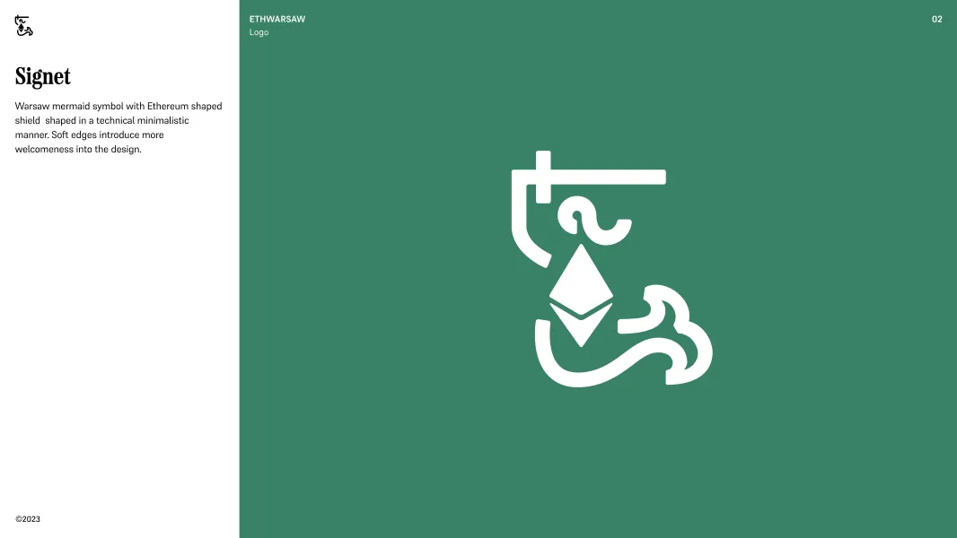 Minimalistic Warsaw mermaid symbol with Ethereum-shaped shield in white on a green background.