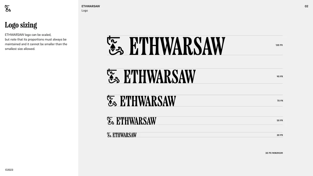 ETHWARSAW logo displayed in five sizes vertically, from 120 PX to 30 PX; minimum size is 30 PX, with note about maintaining proportions.