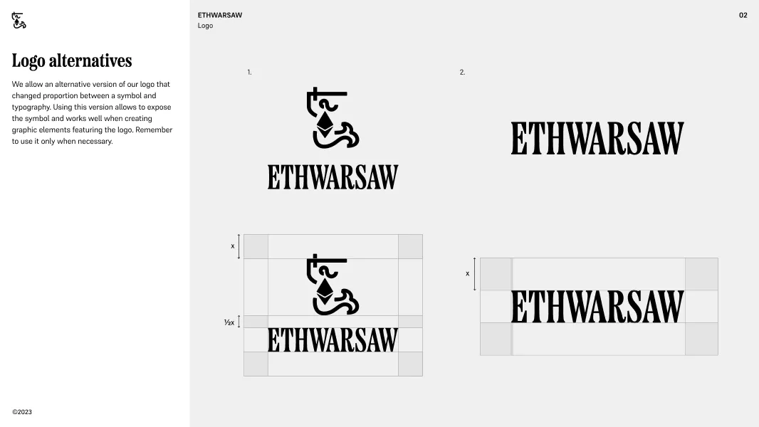 ETHWARSAW logo alternatives showing a symbol with typography and typography-only versions with spacing guidelines.