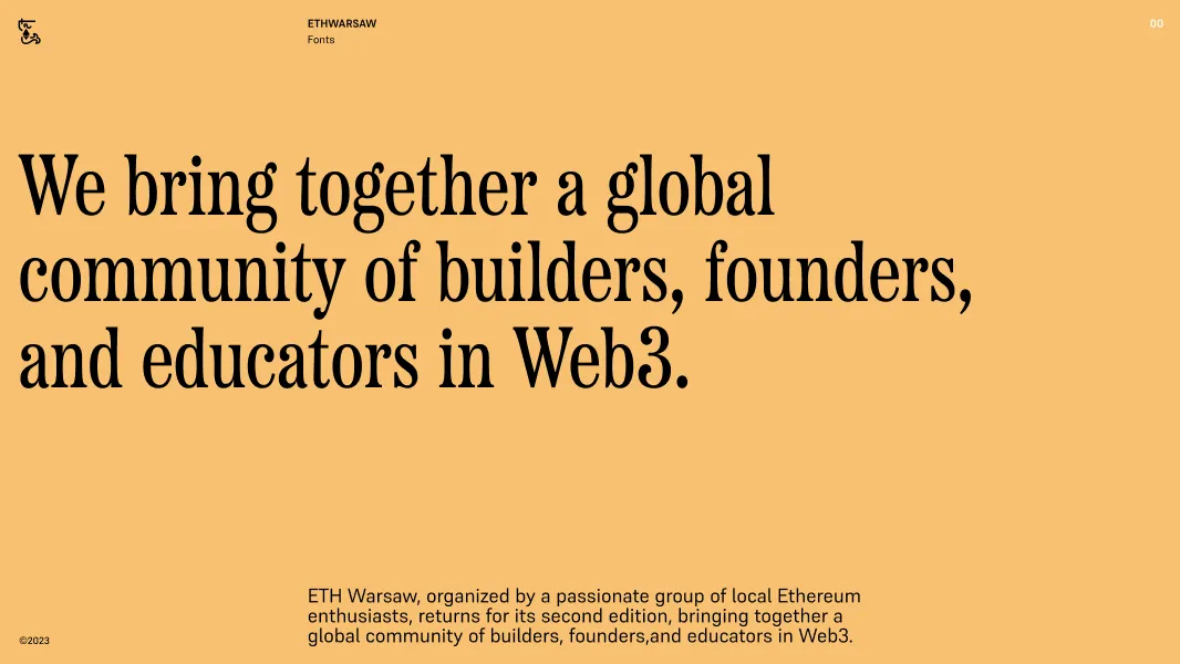 Text on orange background stating ETH Warsaw brings together a global community of builders, founders, and educators in Web3.