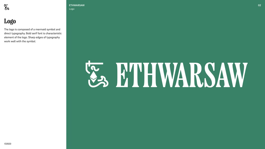 ETHWARSAW logo featuring a mermaid symbol and bold serif typography on a green background.