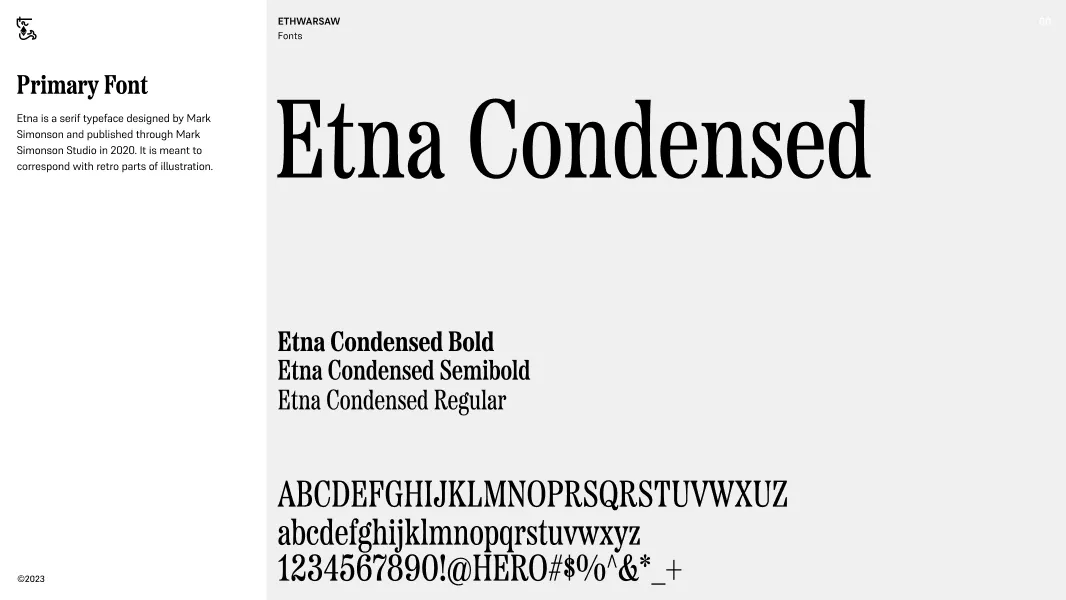 Typography sample displaying the Etna Condensed serif font in bold, semibold, and regular weights with uppercase, lowercase, and numbers.