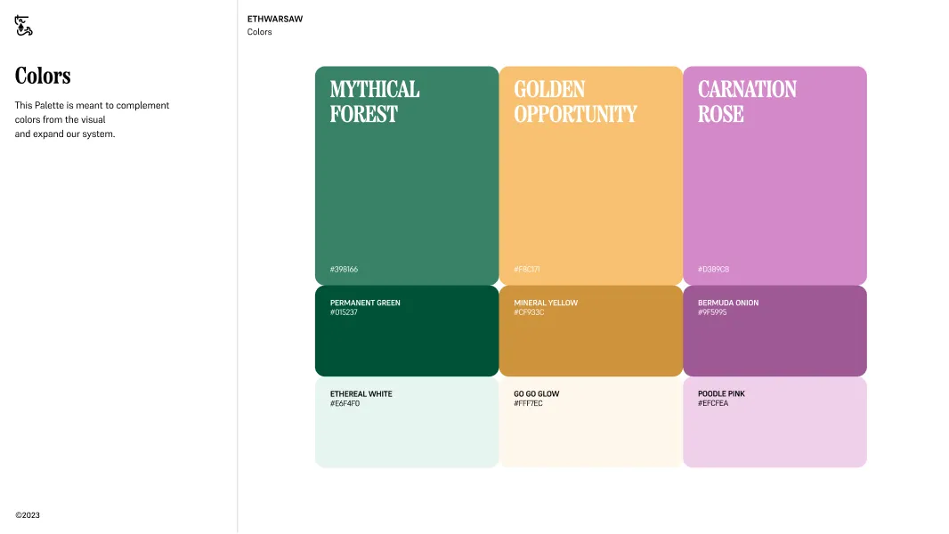 Color palette chart titled 'Colors' with three main colors Mythical Forest, Golden Opportunity, and Carnation Rose, each paired with two complementary shades labeled with color names and hex codes.