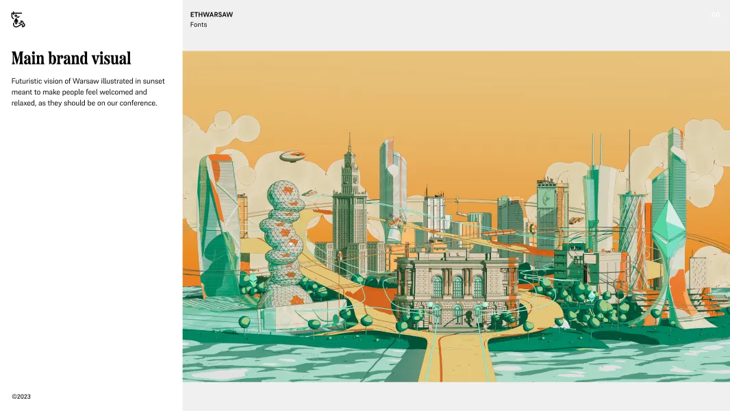 Futuristic digital illustration of Warsaw skyline at sunset with modern skyscrapers, geometric sculptures, and a historic building in the foreground.