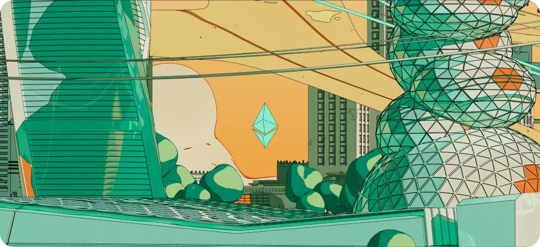 Futuristic cityscape with geometric buildings, green trees, and a floating blue Ethereum logo at sunset.