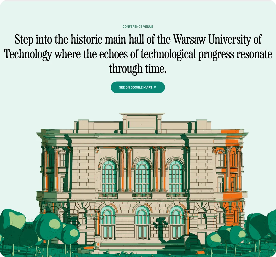 Illustration of the historic main hall of the Warsaw University of Technology with detailed classical architecture and surrounding greenery.