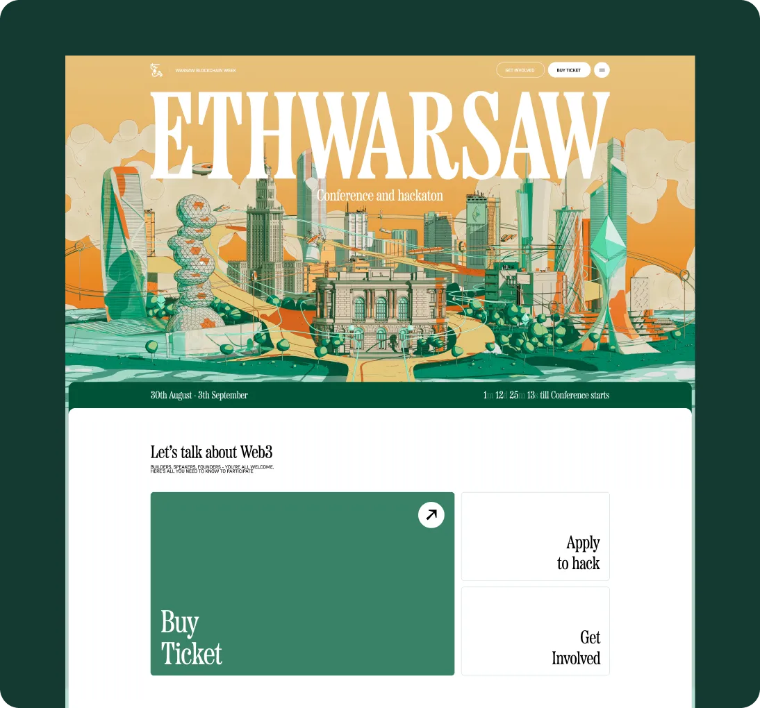 ETHWarsaw conference and hackathon website homepage featuring a stylized cityscape with futuristic buildings and Ethereum symbols, event dates from 30th August to 3rd September, and call-to-action buttons for buying tickets, applying to hack, and getting involved.