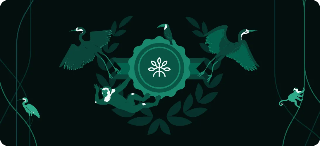 Stylized graphic of two cranes, two monkeys, and a toucan surrounding a circular emblem with a plant icon on a dark background.
