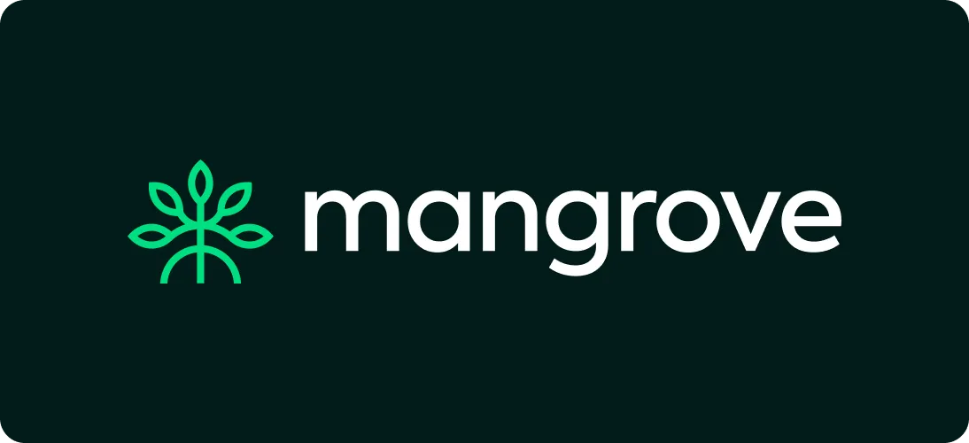 Mangrove company logo with a green stylized tree icon and white text on a dark background.