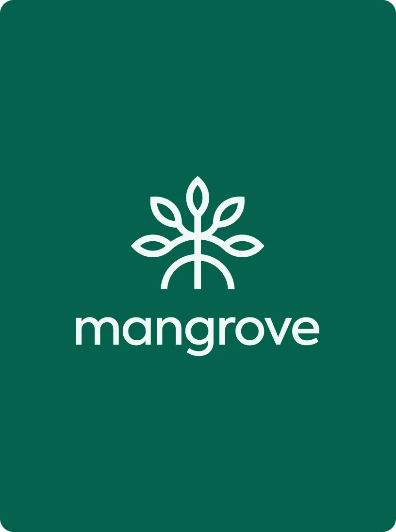White stylized mangrove tree logo above the word 'mangrove' on a dark green background.