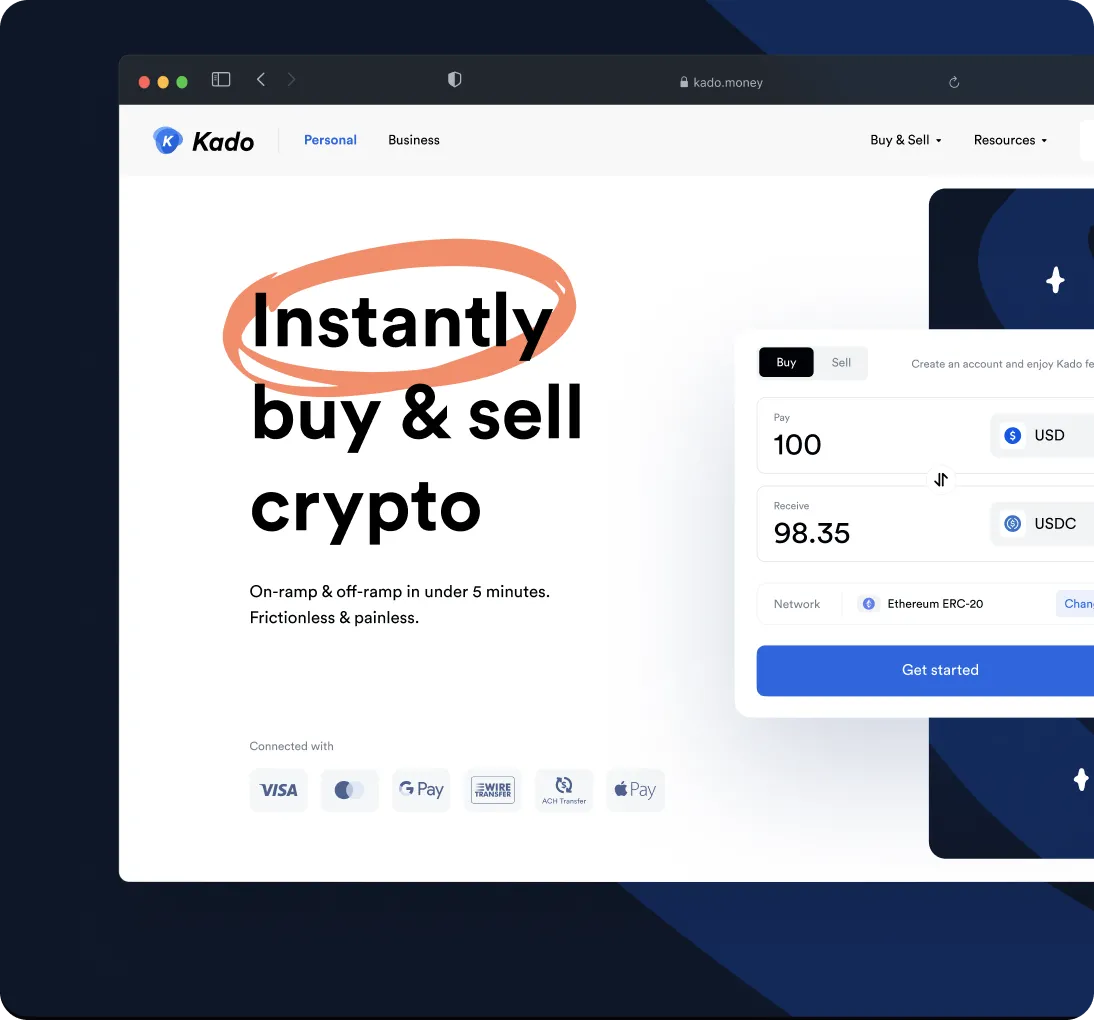 Kado website interface showing a crypto exchange service with text 'Instantly buy & sell crypto' and payment options including Visa, Google Pay, wire transfer, and Apple Pay.