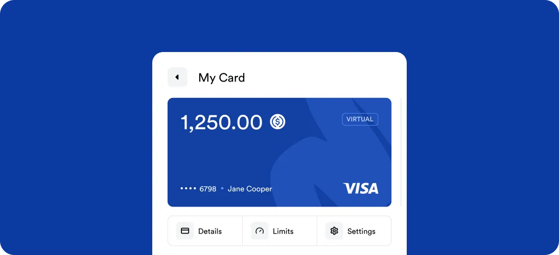 Digital wallet interface showing a virtual Visa card with a balance of $1,250.00 belonging to Jane Cooper, with options for Details, Limits, and Settings.