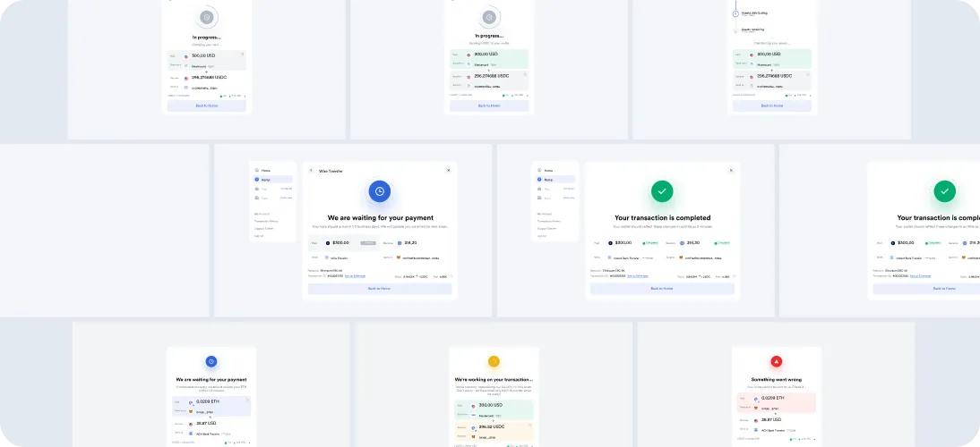 Dashboard interface showing multiple payment and transaction status screens including waiting for payment, transaction completed, and error notifications.