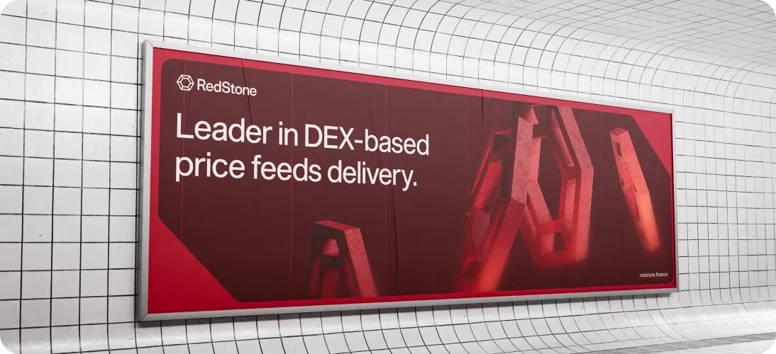 RedStone advertisement in a tiled tunnel reading 'Leader in DEX-based price feeds delivery' with abstract red stone shapes.