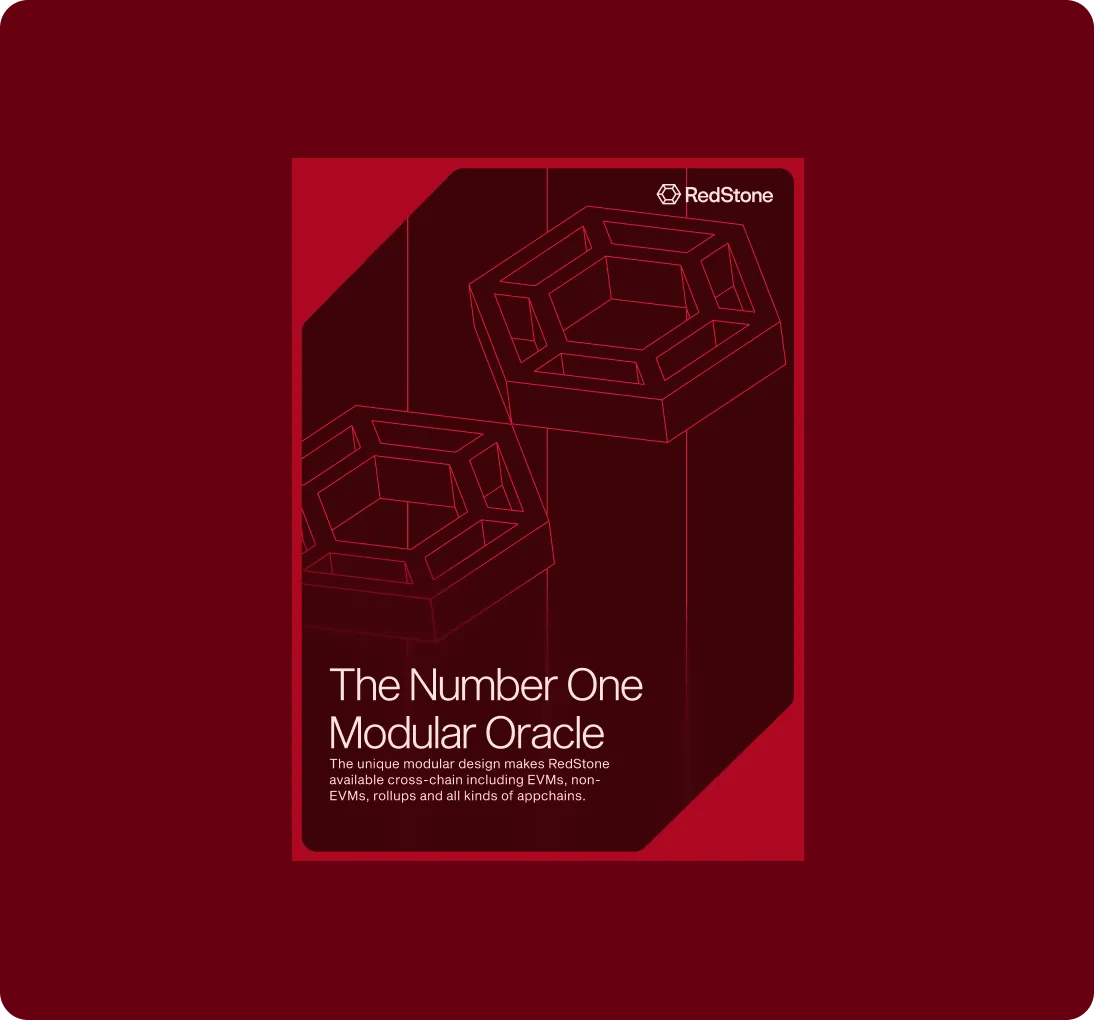 RedStone promotional graphic with two outlined modular hexagonal shapes and text stating it is the number one modular oracle supporting cross-chain including EVMs and non-EVMs.