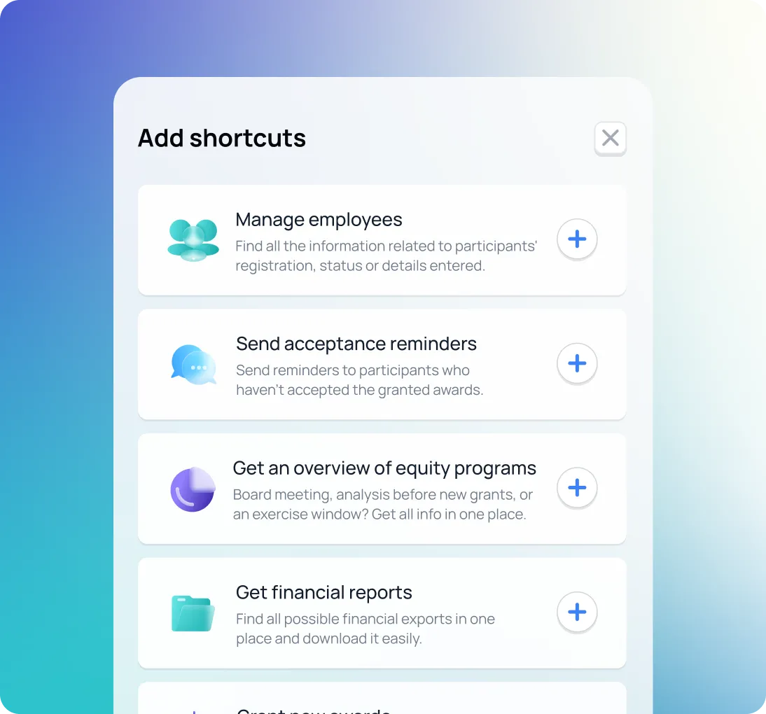 Interface showing options to add shortcuts for managing employees, sending acceptance reminders, viewing equity programs, and accessing financial reports.