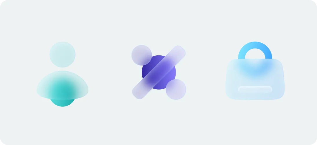 Three icons representing a user profile, a percentage symbol, and a padlock for security, each in a soft gradient style.