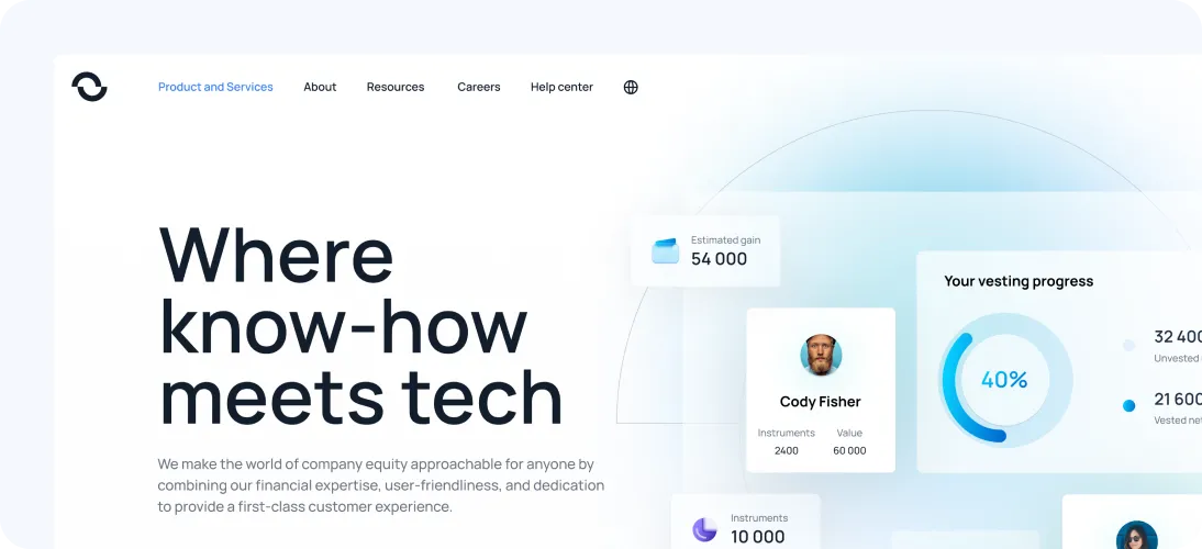 Website header with navigation and text saying 'Where know-how meets tech' alongside financial dashboard showing estimated gains and vesting progress.