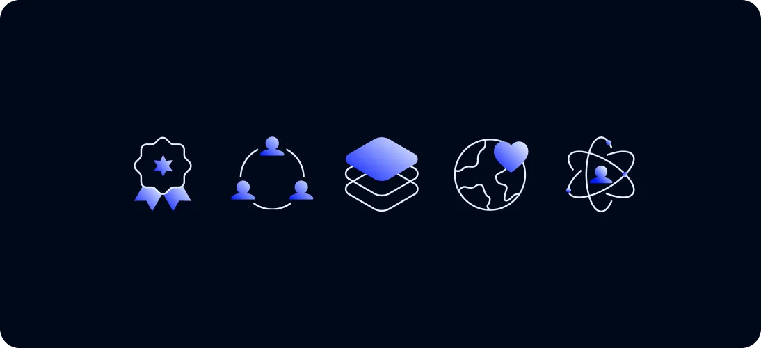 Five blue icons on a dark background representing quality badge, connected people, layered squares, globe with a heart, and atomic structure with a person silhouette.